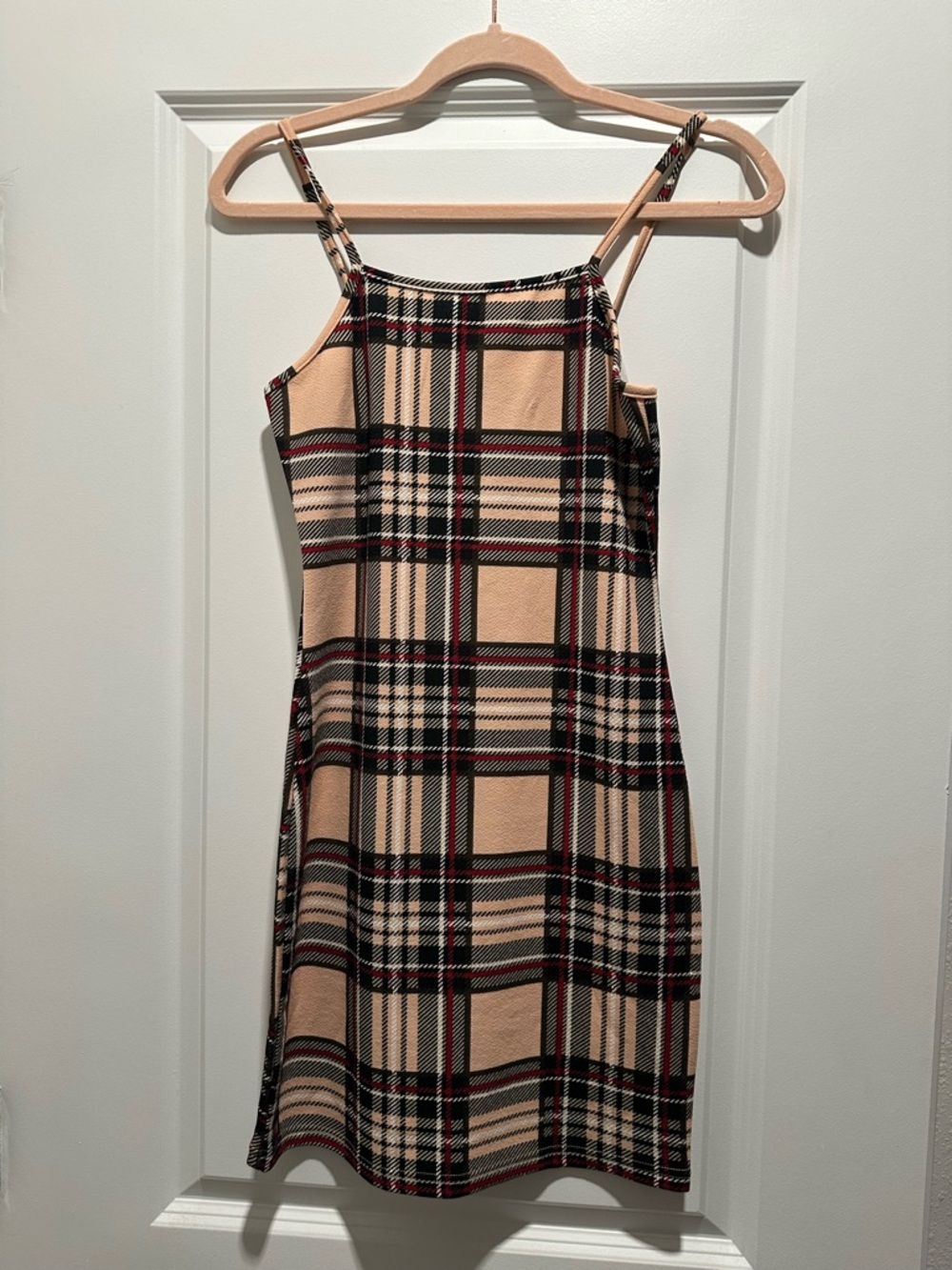 Plaid Spaghetti-Strap Dress in Beige and Black